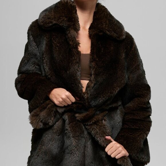 Alo Yoga Faux Fur Starstruck Coat Midnight Brown/Black - Picture 1 of 4